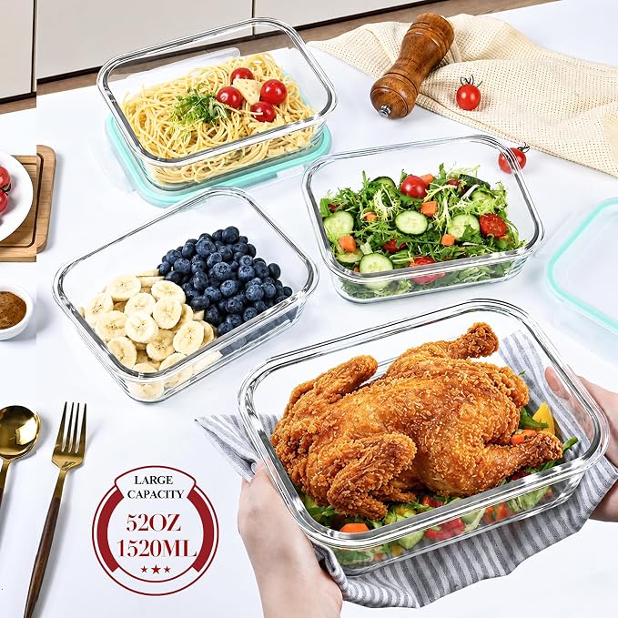 GEHE 4 Pack 52oz Glass Food Storage Containers with Lids, Large Glass Storage Containers with Airtight Lids, Meal Prep Container for Storing & Serving, Leak Proof, BPA Free, Microwave/Oven Safe