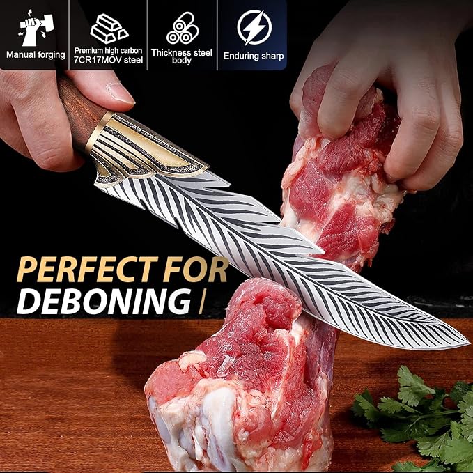 ROCOCO Feather Viking Knife Japanese Boning Knife with Sheath Outdoor Camping BBQ Collection Birthday Father Mother Christmas Gift Idea Men 6.5"