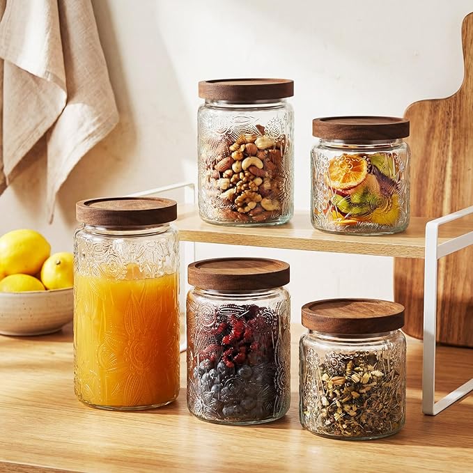 5 Pcs Sunflower Vintage Glass Jars with Bamboo Airtight Lid 17/24/34 oz Glass Food Containers Storage for Kitchen Counter Pantry Sugar Flour Coffee Tea Candy Oats Cereal(Round)