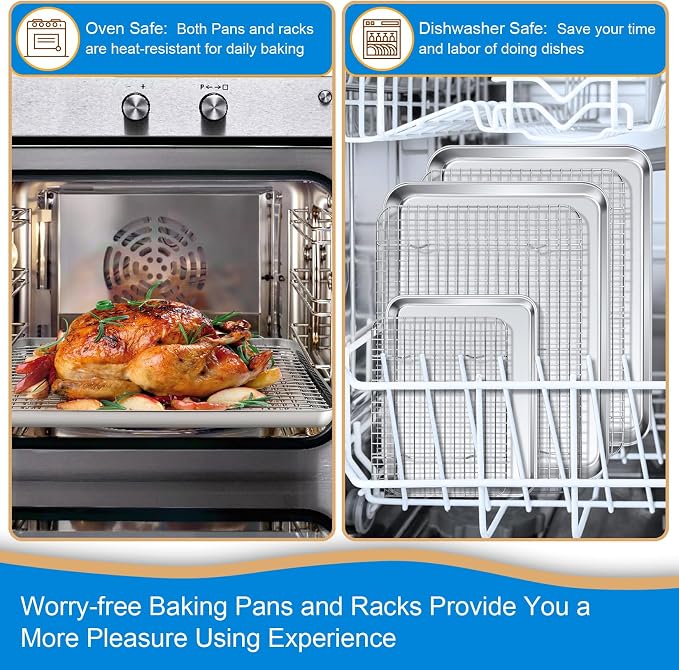 P&P CHEF 17.5 + 16 + 10.4 Inch Baking Sheet Pan and Cooking Rack - 6 Pieces | 3x Cookie Sheet + 3x Grid Rack, Stainless Steel Oven Tray with Wire Rack for Oven Baking, Healthy & Sturdy & Easy to Clean