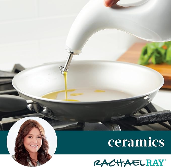 Rachael Ray Ceramic Olive Oil Dispenser Bottle for EVOO Oil and Vinegar, 24-Ounce, White