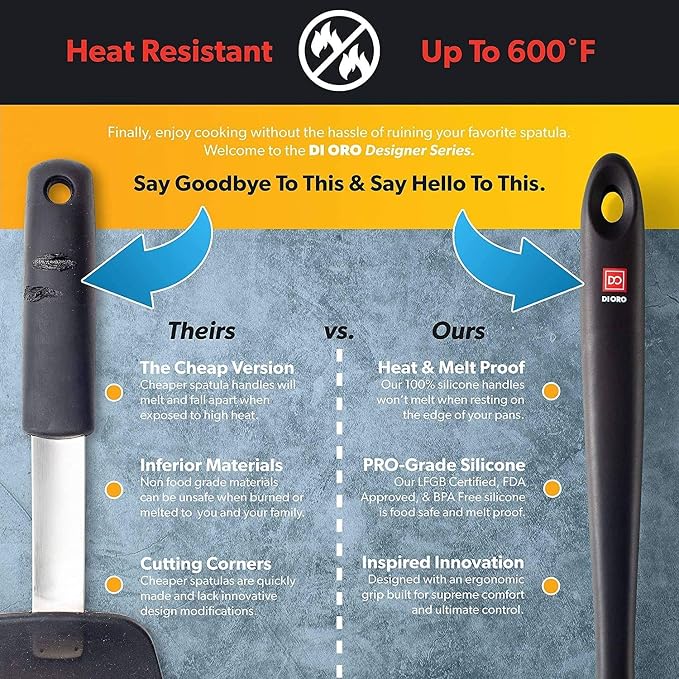 DI ORO 3-Piece Seamless Silicone Spoon and PRO 14in Seamless Silicone Spatula Bundle - 600F Heat-Resistant Rubber Non-Stick Slotted and Solid Spoons for Mixing and Serving - BPA Free