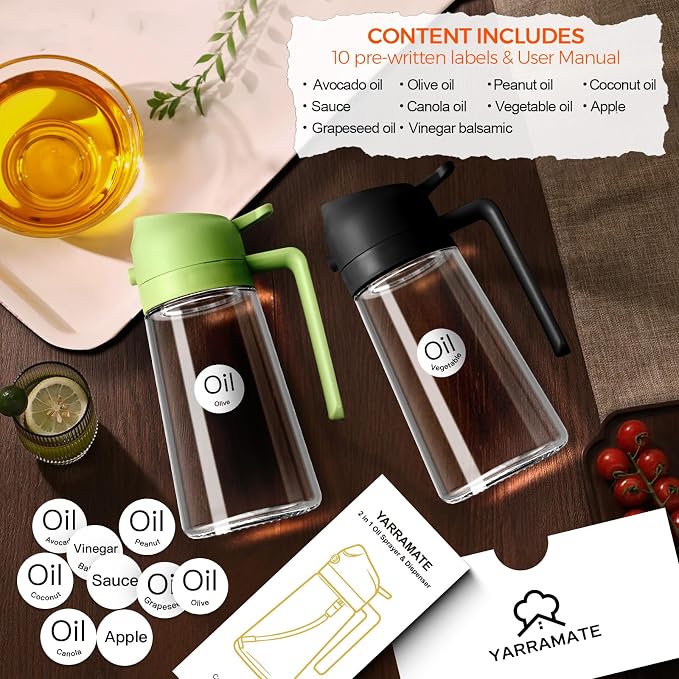 YARRAMATE 16 oz 2-in-1 Glass Olive Oil Sprayer for Cooking, Black | Food-grade dispenser bottle, 470 ml, spray and pour, portion control, stickers included, for salad, frying and BBQ