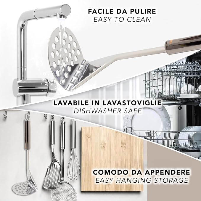 IPEA Professional Stainless Steel Potato Masher for Mashing Potatoes, Vegetables and Fruits - Slim Design - Ergonimic Handle - Manual Tool for Mashed Potatoes and Vegetable and Food Press