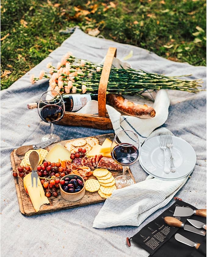 Charcuterie Board Accessories - 6 Piece Cheese Knife Set Stainless Steel With Acacia Wooden Handle for Cheese Serving Cutting, Cheese Tools Butter Knife With Storage Bag Included Gift Set
