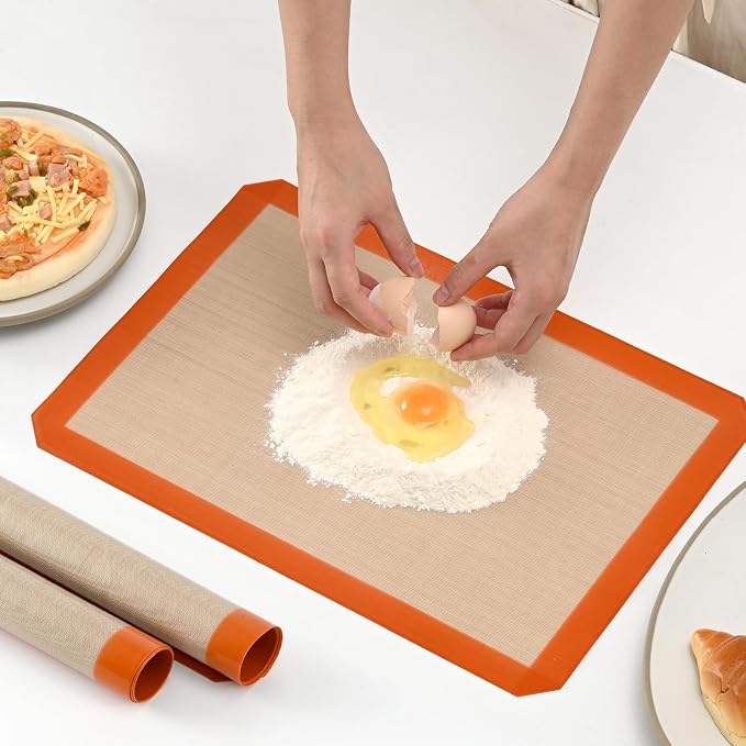 Luckyiren 2 Pack Silicone Baking Mat Set, Nonstick Half Sheet, Orange/Beige | Two 16.54 x 11.62 in reusable nonstick silicone baking mats fit half sheet pans; cookie sheet liners for cookies and pastry.