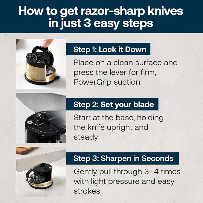 AnySharp – Chef – Hands Free Knife Sharpener - Easy to Use Sharpening Tool with PowerGrip Suction Base and 20-Degree Pre-Set Angle - for All Knives: Chef's, Serrated, and Hardened Steel - Brass