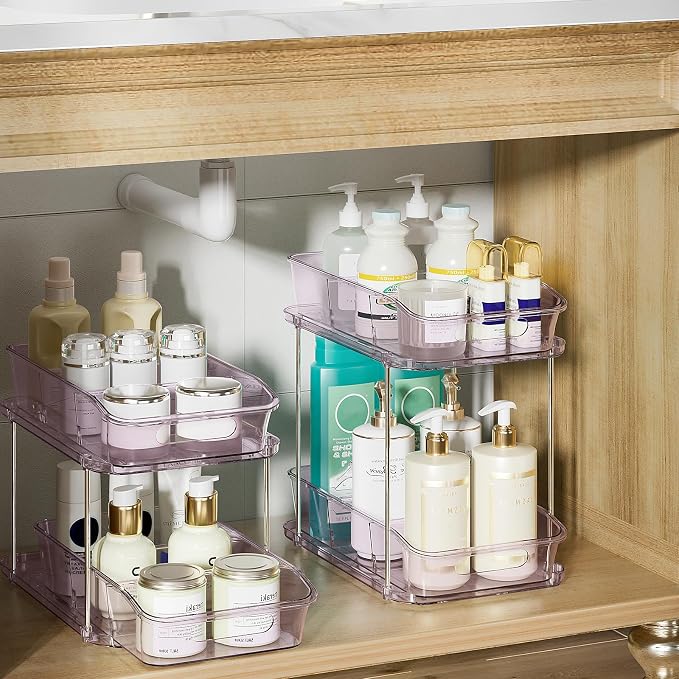 Delamu 2-Tier Under Sink Organizers and Storage, Multi-Purpose Stackable Bathroom Cabinet organizers, Pull Out Kitchen Pantry Organization and Storage with Dividers(2 Pack, Purple)