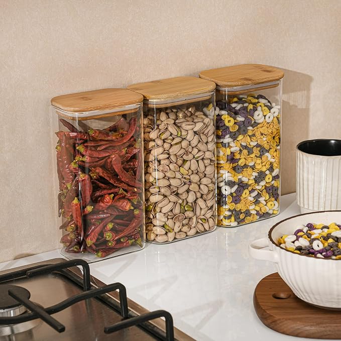 D2scrma 56oz Rectangle Airtight Glass Storage Containers with Bamboo Lids (Set of 3), Square Food Storage Jar, Pantry Organizers for Oats, Cereal, Pasta and Coffee beans (‎with Black Lable)
