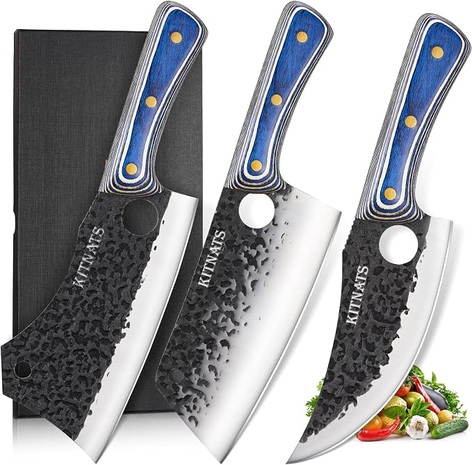 KITNATS 3PCS Butcher Knife Set, Hand Forged kitchen Knife Set-Heavy Duty Bone Chopper & Meat Cleaver & Viking Chef Knife Set for Home, Outdoor Cooking, Camping BBQ