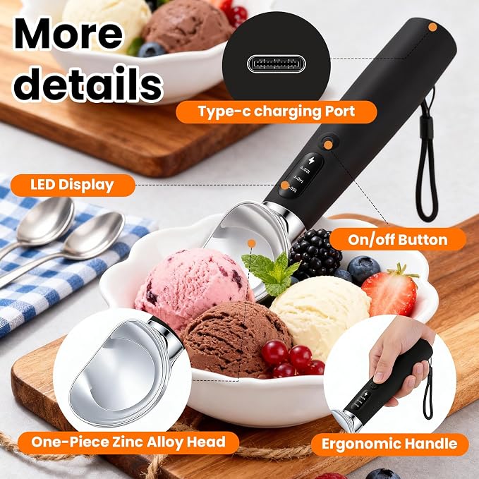Electric Ice Cream Scoop, Heated Ice Cream Scoop Rechargeable with 3-Level Heat 120-160℉, LED Display, IP67, 2600mAh Battery, For Hardened Ice Cream, Gelato, Shop & Home Use