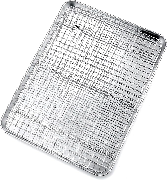 P&P CHEF 16 Inch Baking Sheet Pan and Cooking Rack - 2 Pieces | 1x Cookie Sheet + 1x Grid Rack, Stainless Steel Oven Tray with Wire Rack for Oven Baking, Healthy & Sturdy & Easy to Clean