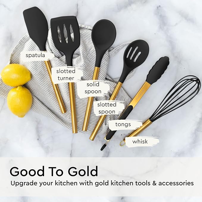 Black and Gold Kitchen Utensils Set - 6-PC Silicone Utensils Set Include Tongs, Whisk, Serving Spoon, Spatula, and Turner for Stylish Cooking and Baking - Black and Gold Kitchen Accessories and Decor