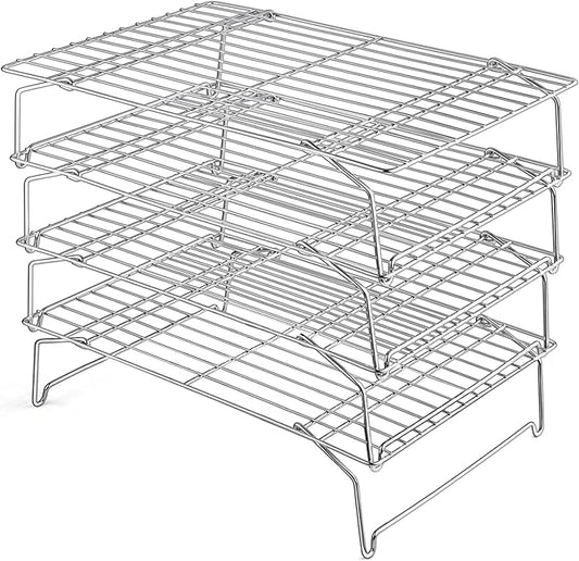 Leonyo 4-Tier 15x10IN Stackable Cooling Racks for Cooking Baking | Stainless Steel Wire Cooking Racks, Collapsible Cookies Cooling Racks for Pizza with Raised Legs, Dishwasher Safe