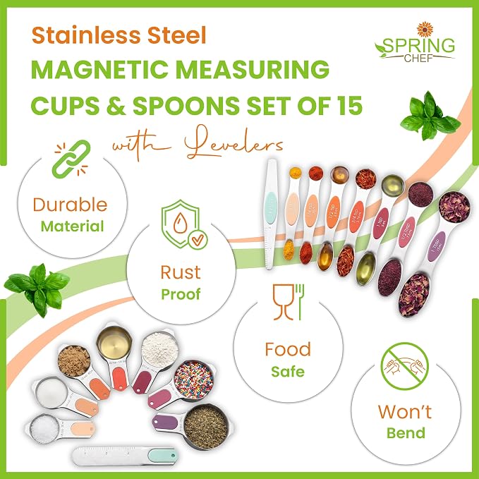 Spring Chef 16 Magnetic Measuring Cups & Spoons, Patented, Desert Sunset | Nesting Stainless Steel Measuring Cups & Heavy Duty Metal Measuring Spoons with Levelers for Dry & Liquid Ingredients