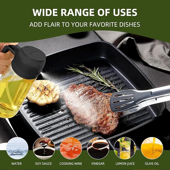2-in-1 Oil Spray Bottle & Dispenser - 470ml Olive Oil Sprayer for Misting and Pouring, Leak-Proof Kitchen Gadget for Healthy Cooking, Air Frying, BBQ & Baking, 2 Pack Black