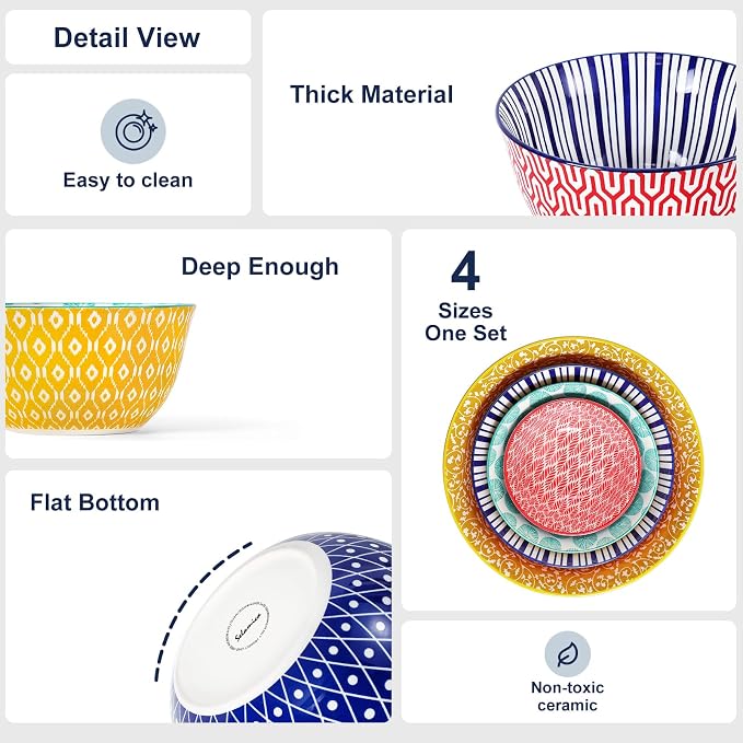 Selamica Ceramic Mixing Bowls, Nesting Bowls Set of 4 for Baking, Prepping, Cooking, Salad, 20/36/60/123 oz, Microwave & Dishwasher Safe, Assorted Colors