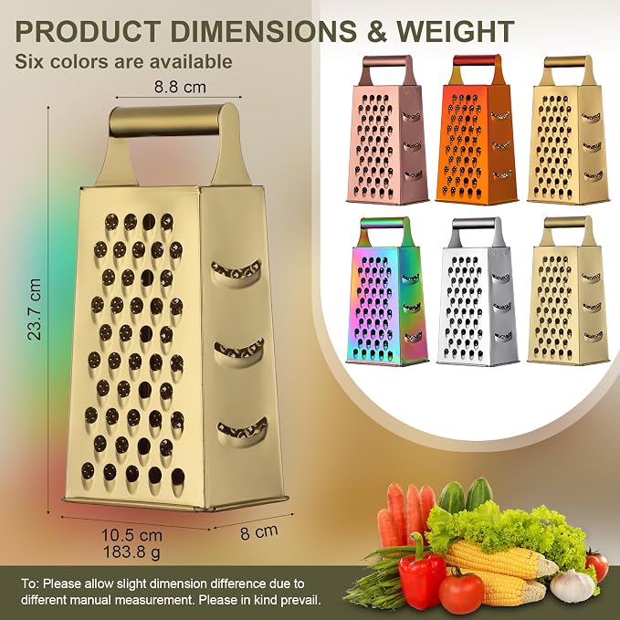 Handheld Cheese Grater Box for Kitchen, Stainless Steel 4 Sided Cheese Grater with Handle for Grinding Shredding & Slicing, Dishwasher Safe (Champagne Gold)