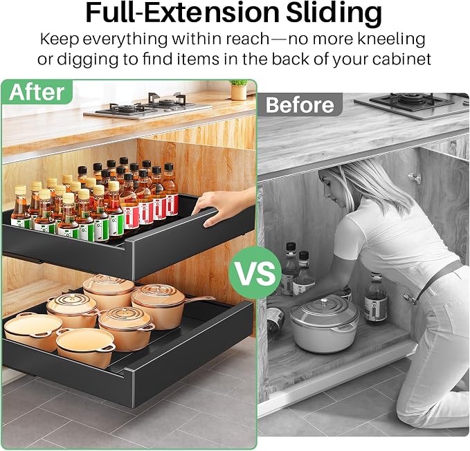 Pull Out Cabinet Organizer with Nano Adhesive, Heavy Duty Full-Extension Slide-Out Drawer for Kitchen Cabinet Organizers and Storage, No Drill Roll out Pantry Shelf, 22.4"W x 16.9"D x 3.1"H , Black