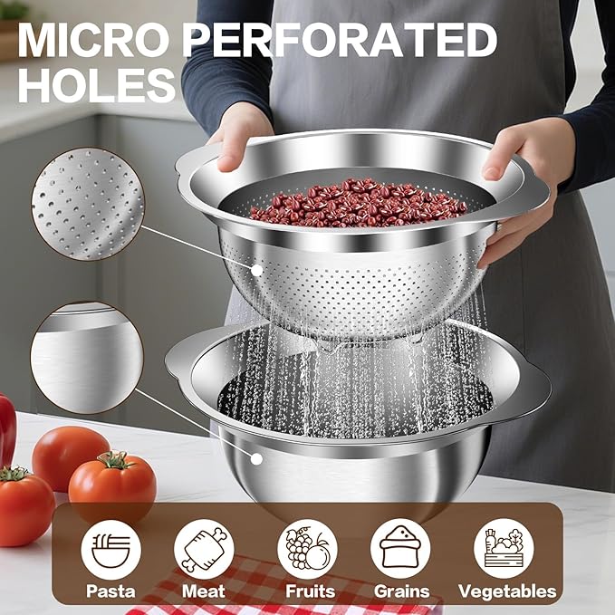 Colander, Strainer Bowl, Stainless Steel Colander, Rice Washing Bowl, Pasta Strainer & Vegetable Washer, Kitchen Strainer with Mixing Bowl for Draining, Food Prep, Dishwasher Safe, 5QT