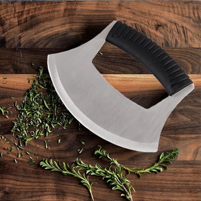 KAYCROWN Mezzaluna Knife Pizza Cutter Salad Chopper - Stainless Steel Sharp Rocker Ulu Knife with Protective Cover for Cutter Pizza, Meat, Vegetables, Herbs, Salad