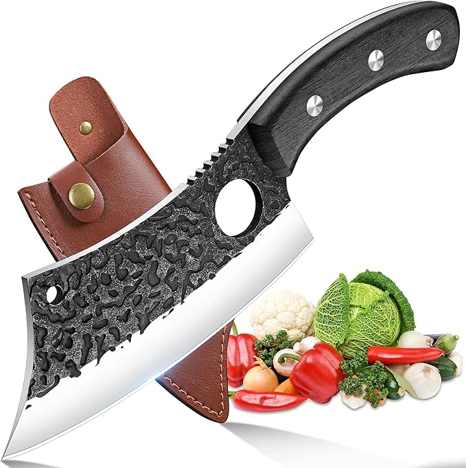 ROCOCO Meat Cleaver Butcher Knife - Full Tang Knife & Sheath Gift Idea Men | Sharp Hand forged Knife for Home Outdoor BBQ Camping Mother Father Gift Idea Men Black 6.3"