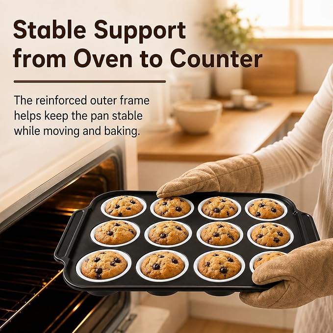 2 Pack Silicone Muffin Pans for Baking, 12-Cup Muffin Tin with Metal Frame | 2 Pack value, 12-Cup muffin pans, Reinforced metal frame, Easy release cups, Nonstick silicone, Oven & dishwasher safe