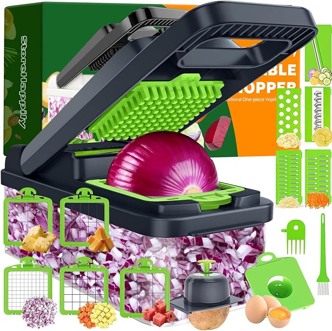 StoreHappily 12-in-1 Vegetable Chopper, 10 Blades Veggie Chopper with Container and Lid, Dicer, Slicer, Multifunctional Kitchen Gadgets, Vegetable Cutter with Handle, Onion Cutter(Green/Grey)