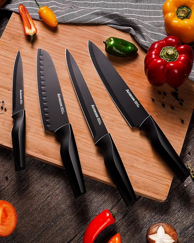Astercook Knife Set, Kitchen Knife Set with Built-in Sharpener Block, Dishwasher Safe, 15 Pieces German Stainless Steel Knife Block Set, Black Perfect Kitchen Fathers Day Gift for Men