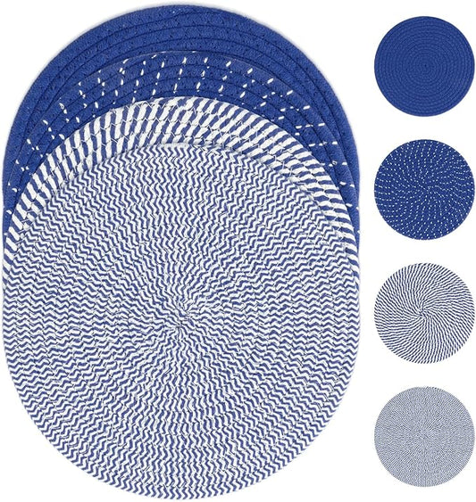 SHACOS 10 Inches Trivets for Hot Dishes, 4 Pieces Cotton Trivets Mats for Kitchen, Hot Pads for Countertops and Table, Heat-Resistant Pot Holders for Hot Pots and Pans(Deep Blue, 4pcs)