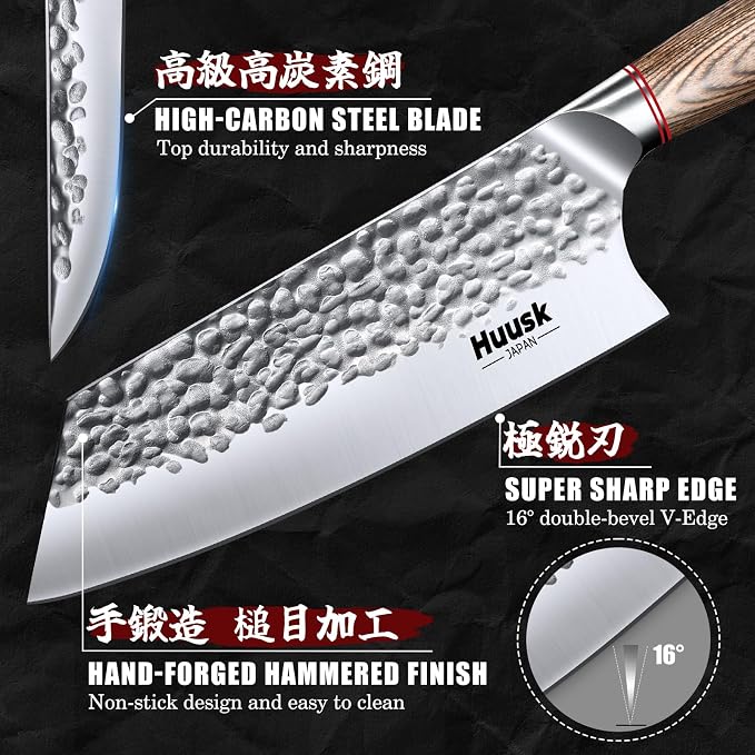 Huusk Japanese Kitchen Knife Set of 3, Professional Chef Knives Set for Kitchen, Hand Forged Butcher Knife Set for Meat Cutting, Meat Cleaver Boning Knife with Pakkawood Handle, Gift Idea for Men