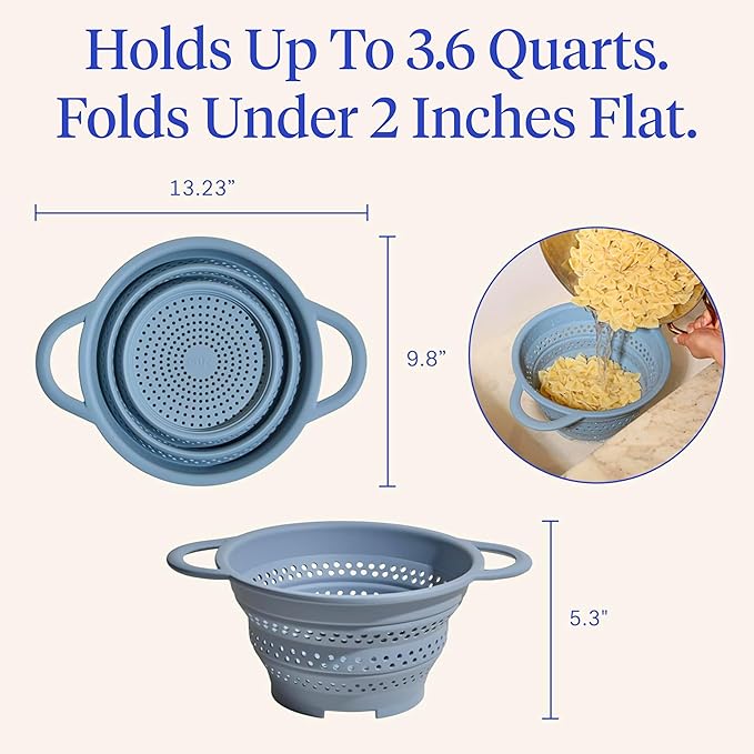GIR Collapsible Colander for Kitchen, Silicone Strainer and Steamer, BPA-Free, Heat-Resistant, Space-Saving Collapsible Strainer with Stainless Steel Rim, Dishwasher Safe - Slate