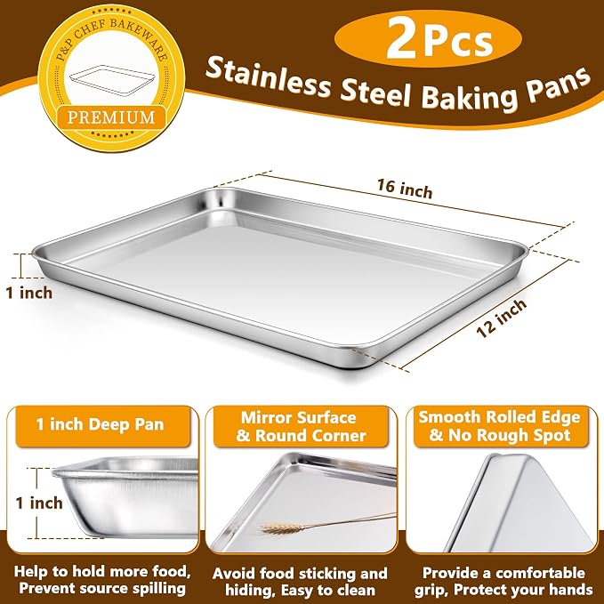 P&P CHEF 16 Inch Baking Sheet with Rack Set, Pans with Flat Racks | 2 Baking Sheets + 2 Cooling Wire Racks, Dishwasher & Oven Safe, Non-toxic & Lasting Use, Fit for Regular Oven