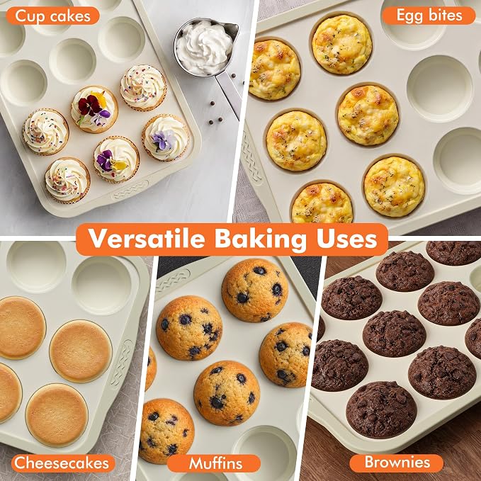 2 Pack Silicone Muffin Pan for Baking with Metal Reinforced Frame, Foldable 12 Cup Regular Size Nonstick Cupcake Pan, Muffin Tray for Baking, Dishwasher Safe Egg Bite Molds for Oven，Beige