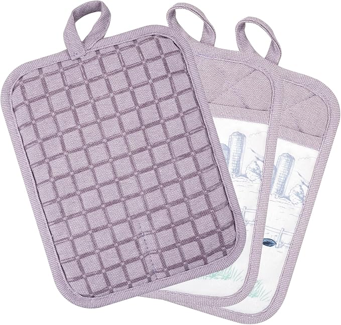 Pot Holders Set of 3 Silicone Printing Non Slip Heat Resistant, Yarm-Dyed Hot Pads Cotton Home Kitchen Cooking Barbecue Microwave Women Men Machine Washable BBQ Grilling. (Purple Potholders)