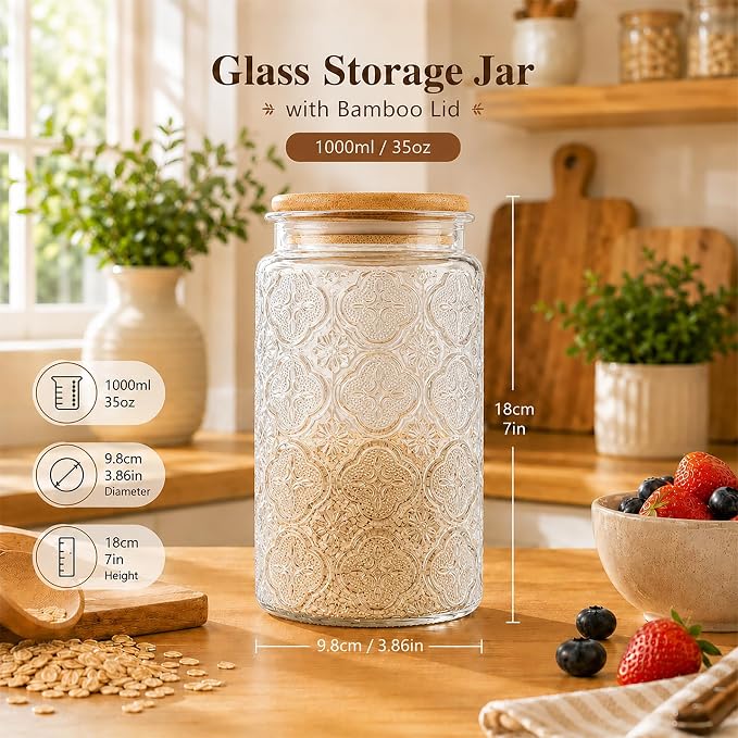 Glass Storage Jars With Airtight Lid, 35oz Canister For Kitchen Counter with Bamboo Lid, brown sugar, candy, coffee, cookie, salt, tea,pantry cute Jar (35oz Large Begonia Flowers)
