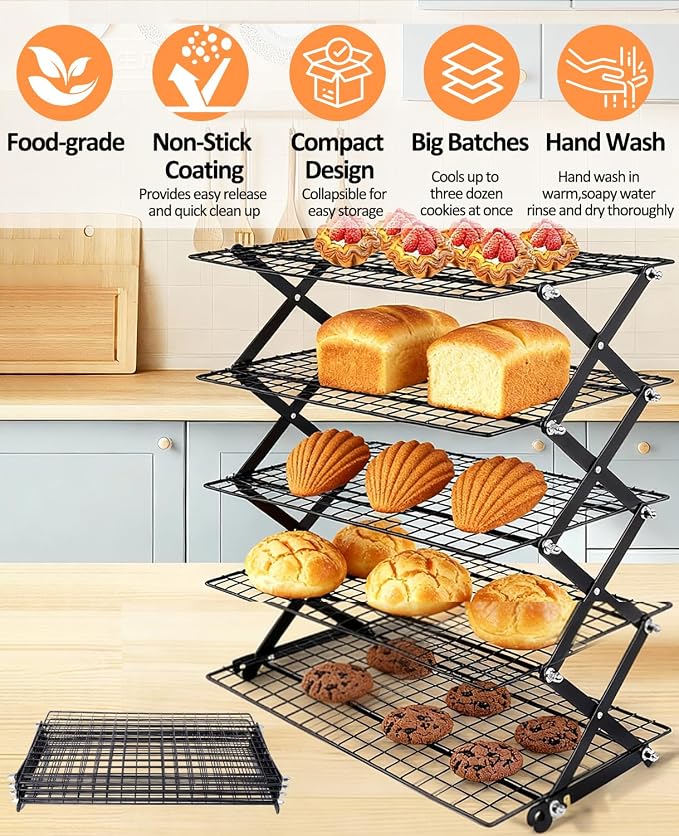 5 Tier Collapsible Cooling Rack, 2/3/4/5-Tier Upgraded,Adjustable ＆ Stackable Baking Rack, 5 Modes Cooling Racks for Cooking and Baking, Roasting ＆ Grilling Gifts for Picnic Party