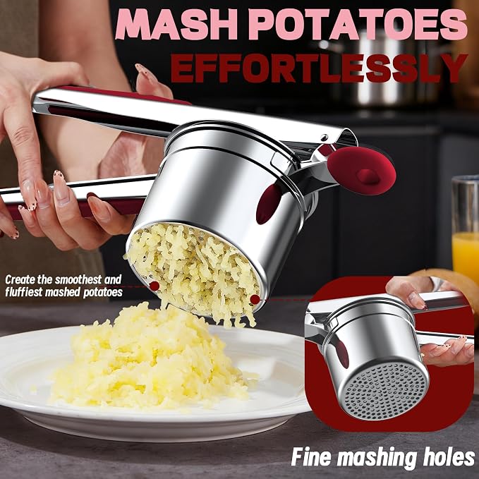Large 15oz Potato Ricer for Mashed Potatoes, Heavy Duty 18/8 Stainless Steel Potato Masher for Baby Food & Spaetzle Maker, Masher and Ricer Kitchen Tool, Press and Mash Kitchen Gadget, Red