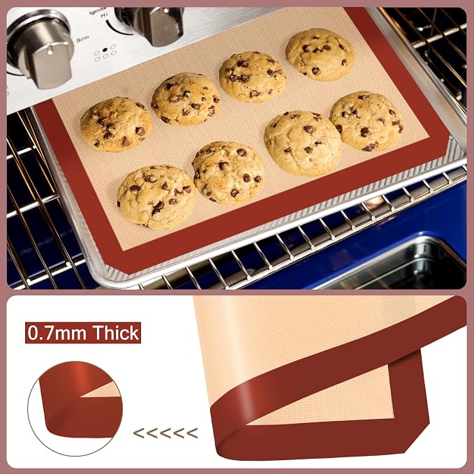 Silicone Baking Mat Set of 3, Non-Stick 2 Half & 1 Quarter Sheets | Dishwasher Safe, Reusable Baking Supplies for Cookies, Bread, Pastries & Dough, Red