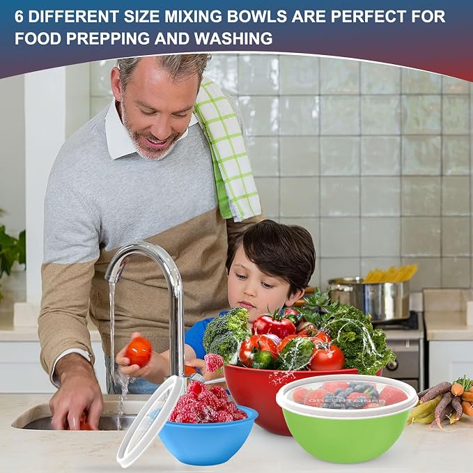 Greentainer Plastic Mixing Bowls with Lids Set for Kitchen, 6 Set Nesting Bowls for Mixing, Baking, Prepping, Cooking and Serving Food, Mixing Bowls Dishwasher, Microwave Safe