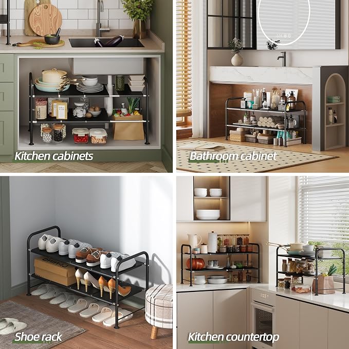 Under Sink Organizers and Storage,Expandable under cabinet organizer Shelf | 2 tier expandable shelf for kitchen and bathroom,8 Removable Carbon Steel Panels,27.36-36.02" W x 12.28" D x 16.93" H