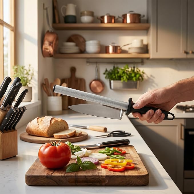 10 Inch Knife Sharpening Honing Rod, Professional Steel Knife Sharpener for Restaurant, Gourmet Chefs, and Home Kitchen Blade Sharpening