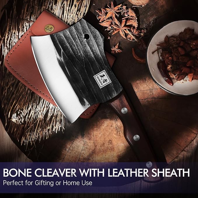 ENOKING 5.7" Bone Cleaver Knife, Heavy-Duty Butcher Knife with Full Tang Hand-Forged Blade, Meat & Bone Chopper with Leather Sheath for Kitchen
