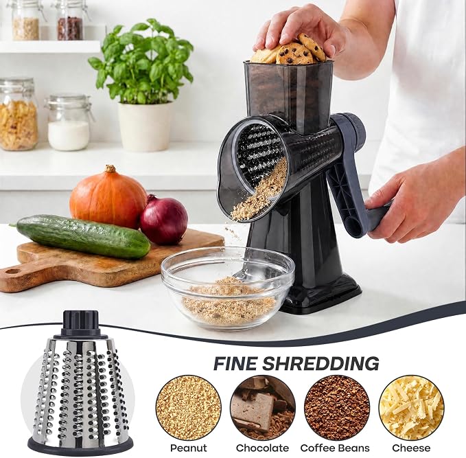 Rotary Cheese Grater,Cheese Shredder Hand Crank, Manual Cheese Grater for Veggies, 3-Blade Grater, Home Kitchen Appliances and Kitchen Gadgets (Black)