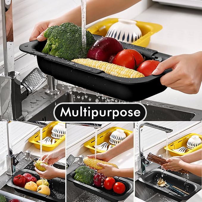KesaPlan Collapsible Sink Colanders and Strainers Basket Extendable Plastic Fruit Vegetable Strainer Drainer Basket for Kitchen (Length 13.6 inch-18.7 inch) (black)