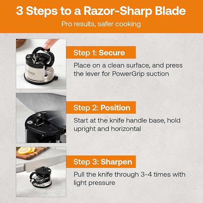 AnySharp – GLOBAL – Hands Free Knife Sharpener - Easy to Use Sharpening Tool with PowerGrip Suction Base and 20-Degree Pre-set Angle - For All Knives: Chef’s, Serrated, and Hardened Steel - Silver