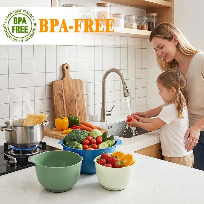 BoxedHome Classic Mixing Bowls Set of 4, BPA Free Plastic, Microwave Safe | 4.5, 3.5, 2.5 and 1.7 QT, Non-slip Base Large Non-toxic Nesting Bowl with Pour Spout, Dishwasher Safe, for Prep, Cooking