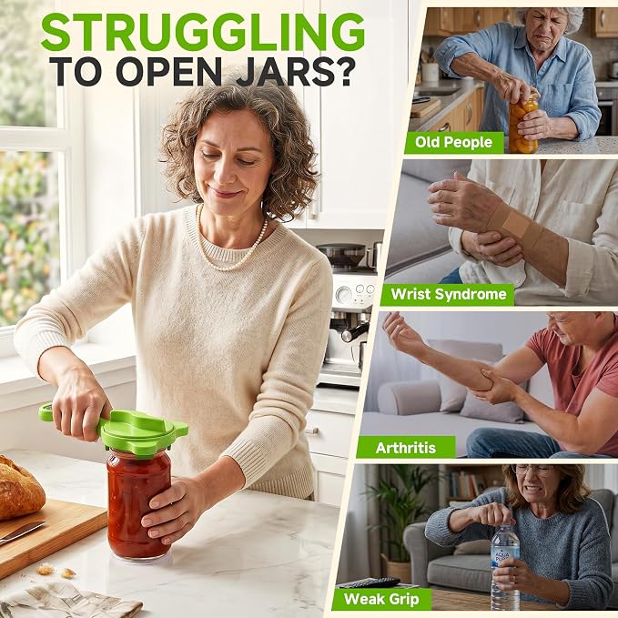 2026 Upgraded 4-in-1 Jar Opener - Adjustable Stainless Steel Lid Remover for Seniors & Arthritis Sufferers, Fits Kitchen Jars, Bottles & Cans Green(2Pcs)