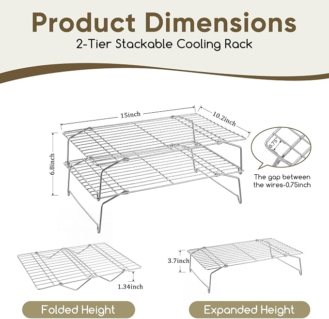 Herogo Cooling Rack, 2-Tier Stainless Steel Baking Rack for Cookies, Cupcakes, and Pastries, Collapsible Space-Saving Design, Dishwasher Safe, Ideal for Baking, Roasting, and Drying