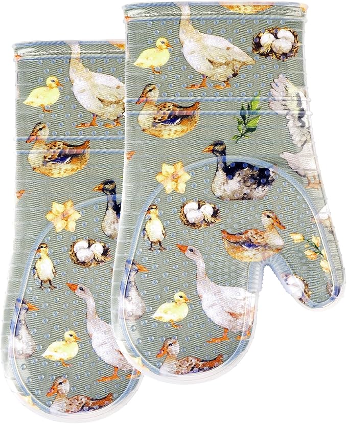Oven Mitts Set of 2 with Transparent Clear Silicone Shell and Nice Duck Printing Cotton Lining, Heat Resistant to 500 F Kitchen Oven Gloves Pot Holder for Cooking (Wathet Blue, Oven Mitts)